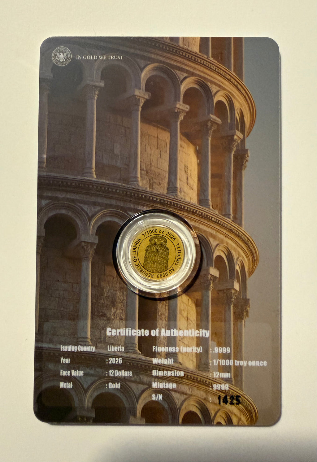 Leaning tower of Pisa 24k gold 1/1000th oz