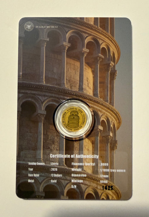 Leaning tower of Pisa 24k gold 1/1000th oz