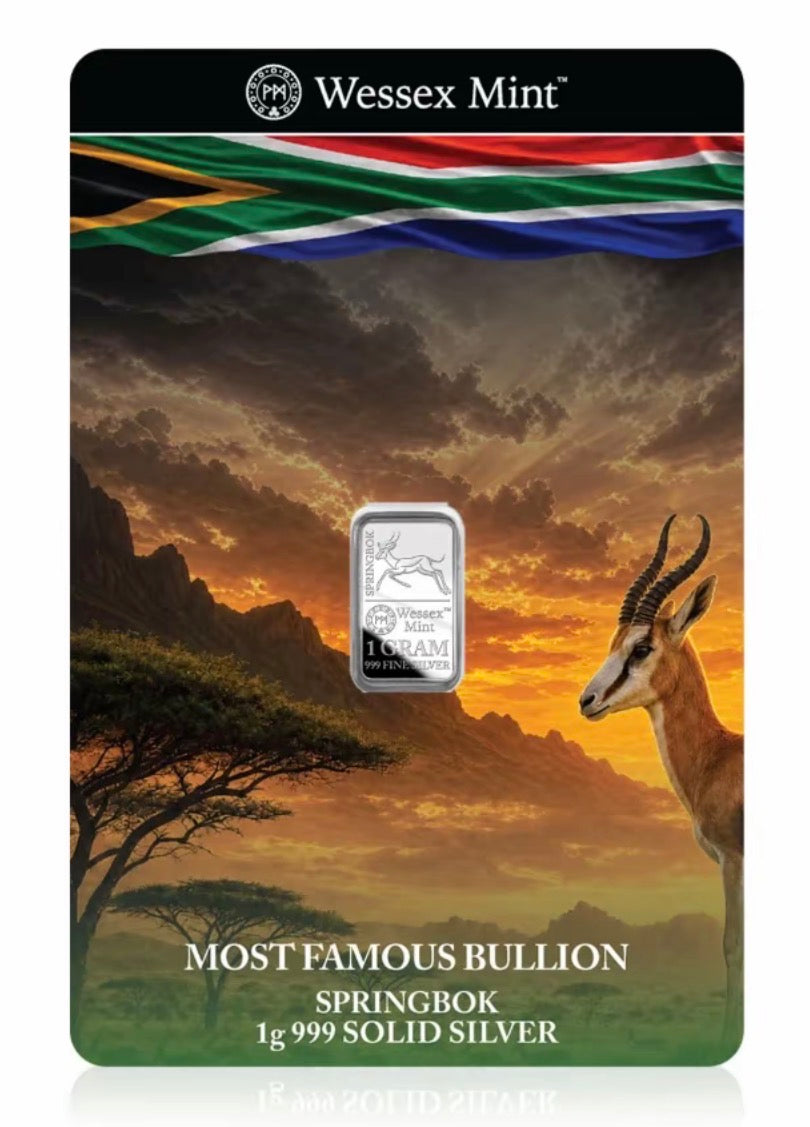 Wessex Mint 1g Silver .999 Fine Bullion Bar - Springbok Design