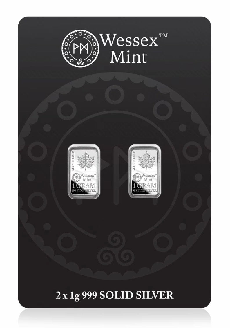 Wessex Mint maple leaf 2 x 1g Silver .999 Fine Bullion Bars